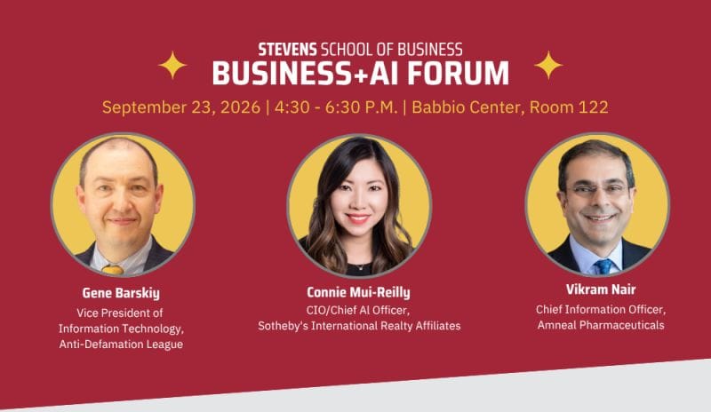 Forum announcement with photos of the featured speakers Gene Barskiy, Connie Mui-Reilly and Vikram Nair