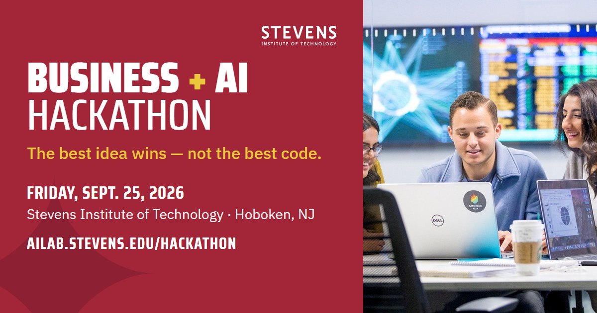 Hackathon announcement card with students working at laptops beside the event name and date