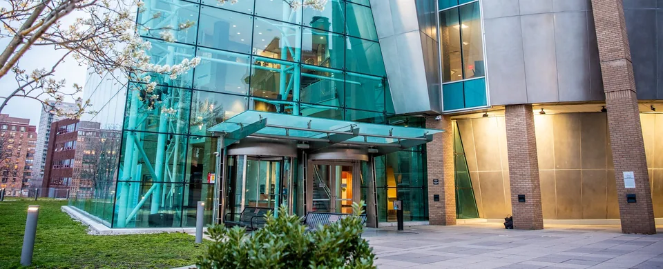 Babbio Center entrance plaza at dusk