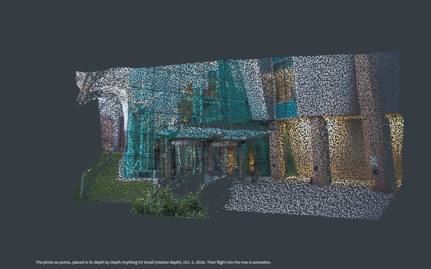 Sample BI2-tree on a laptop, moment 1: the Babbio entrance as points, turned to show its depth
