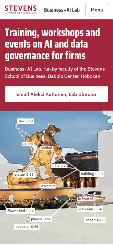 Sample PA2, first screen on a phone: the offer and the email button above the statue, its parts named with their scores and relations