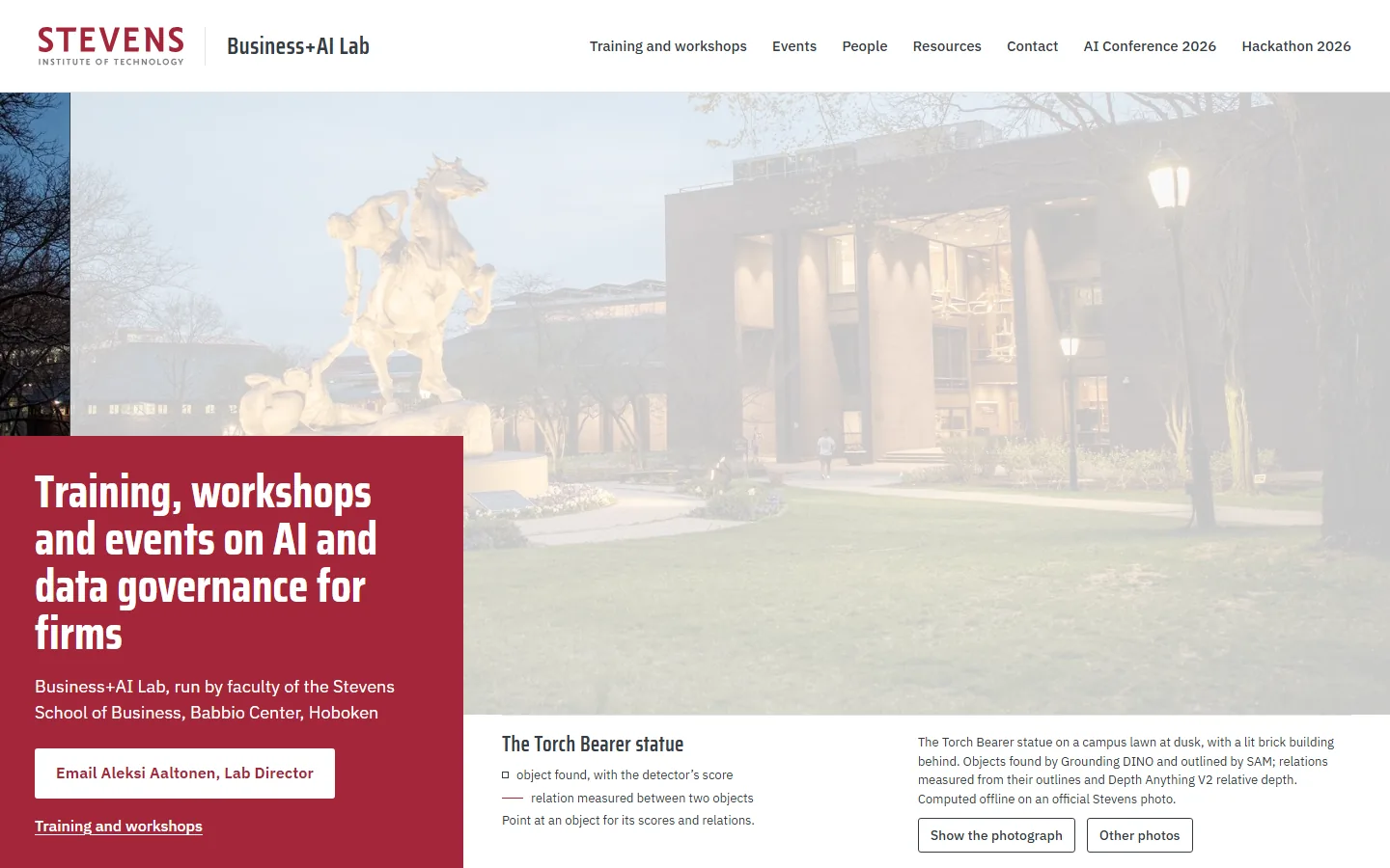 Sample PA2 on a laptop, moment 1: the Torch Bearer photo, pale, beside the red panel with the offer and the email button