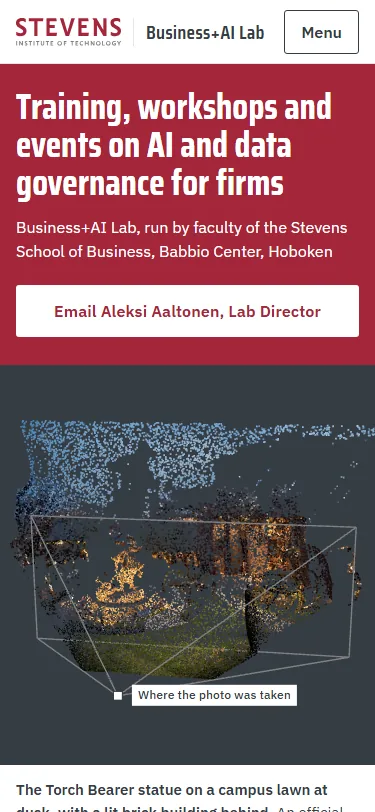 Sample PC2, first screen on a phone: the offer and the email button above the dot cloud of the statue