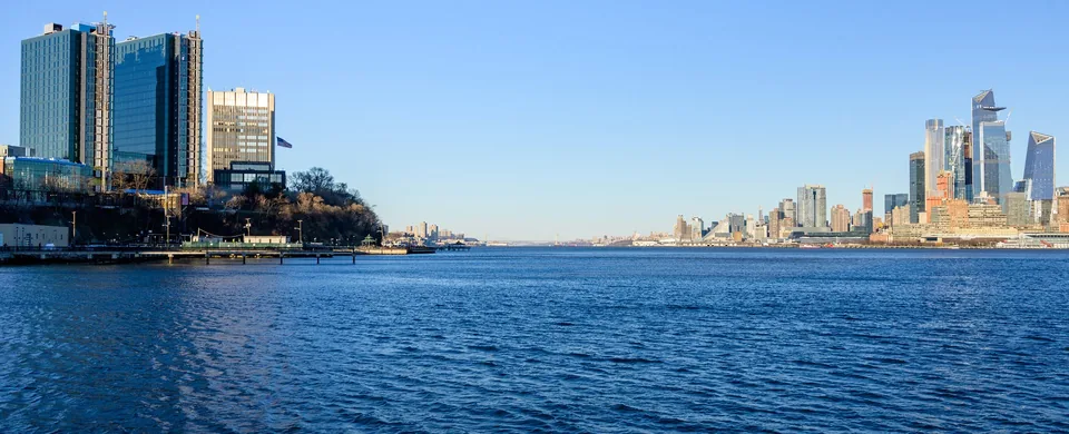 The Hudson from the Hoboken waterfront: Stevens towers at left, the Manhattan skyline at right