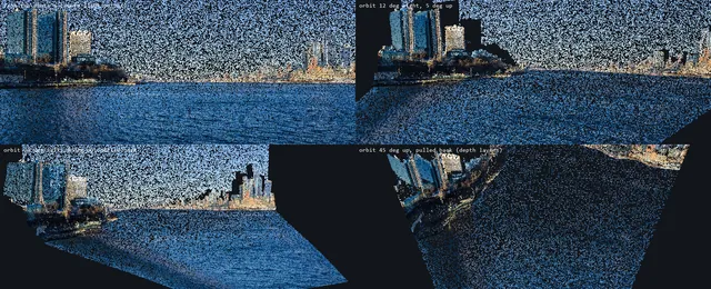 Depth cloud preview, four views, river-nyc