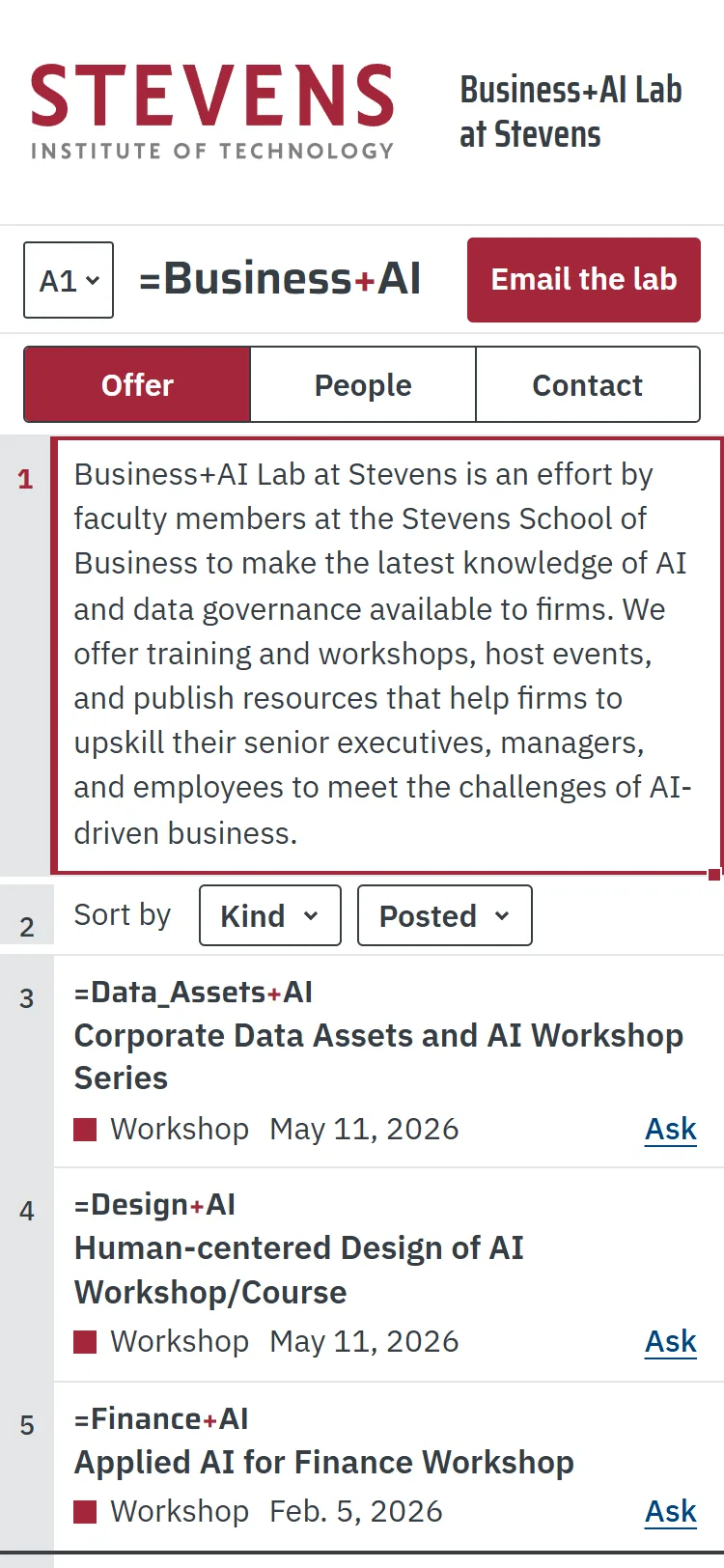 Sample U, first screen on a phone: the name box, =Business+AI and an Email the lab button, the Offer, People and Contact tabs, the mission cell and the three workshops with their formulas and Ask links