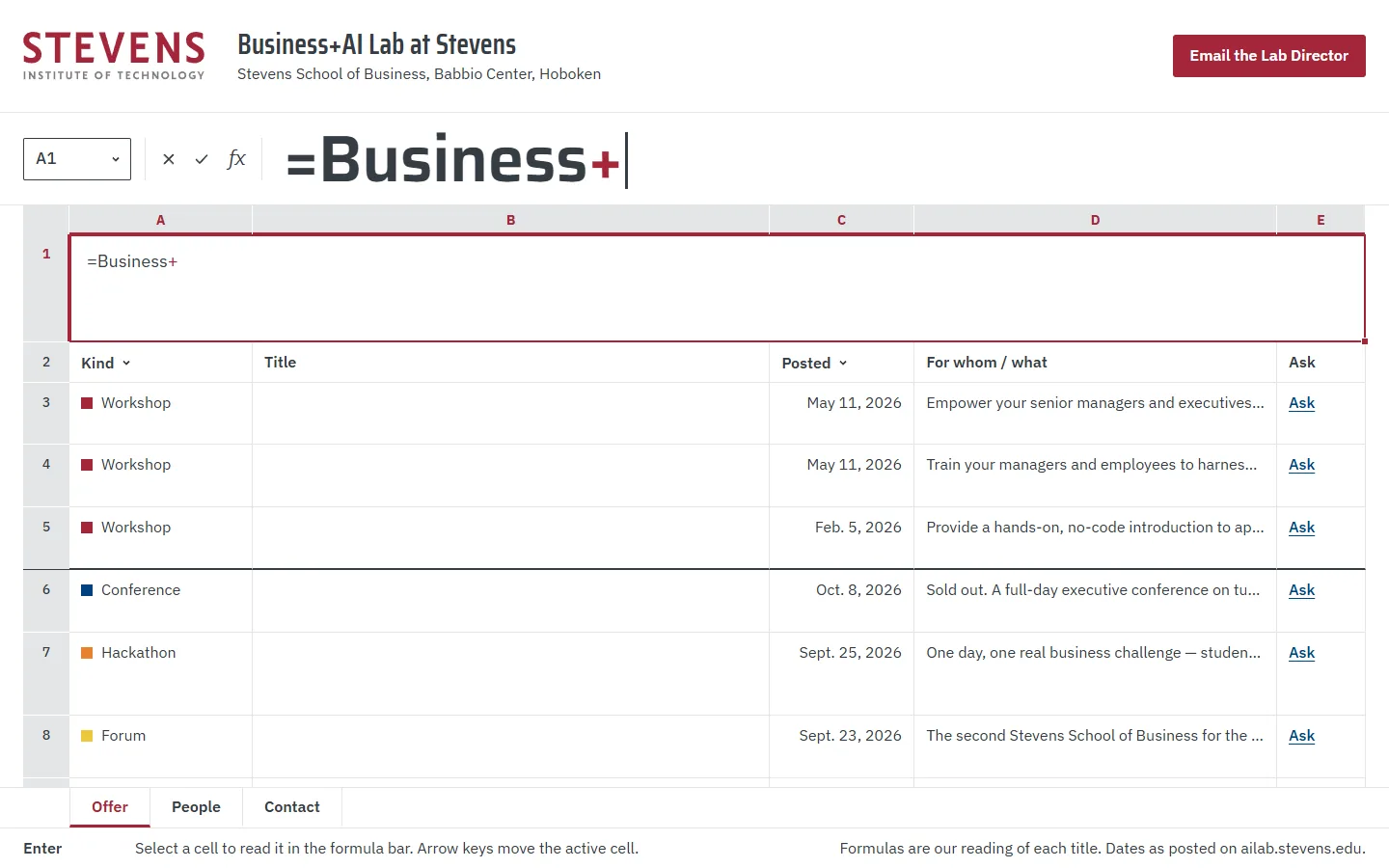 Sample U on a laptop, moment 2: =Business+ in the formula bar and in cell A1