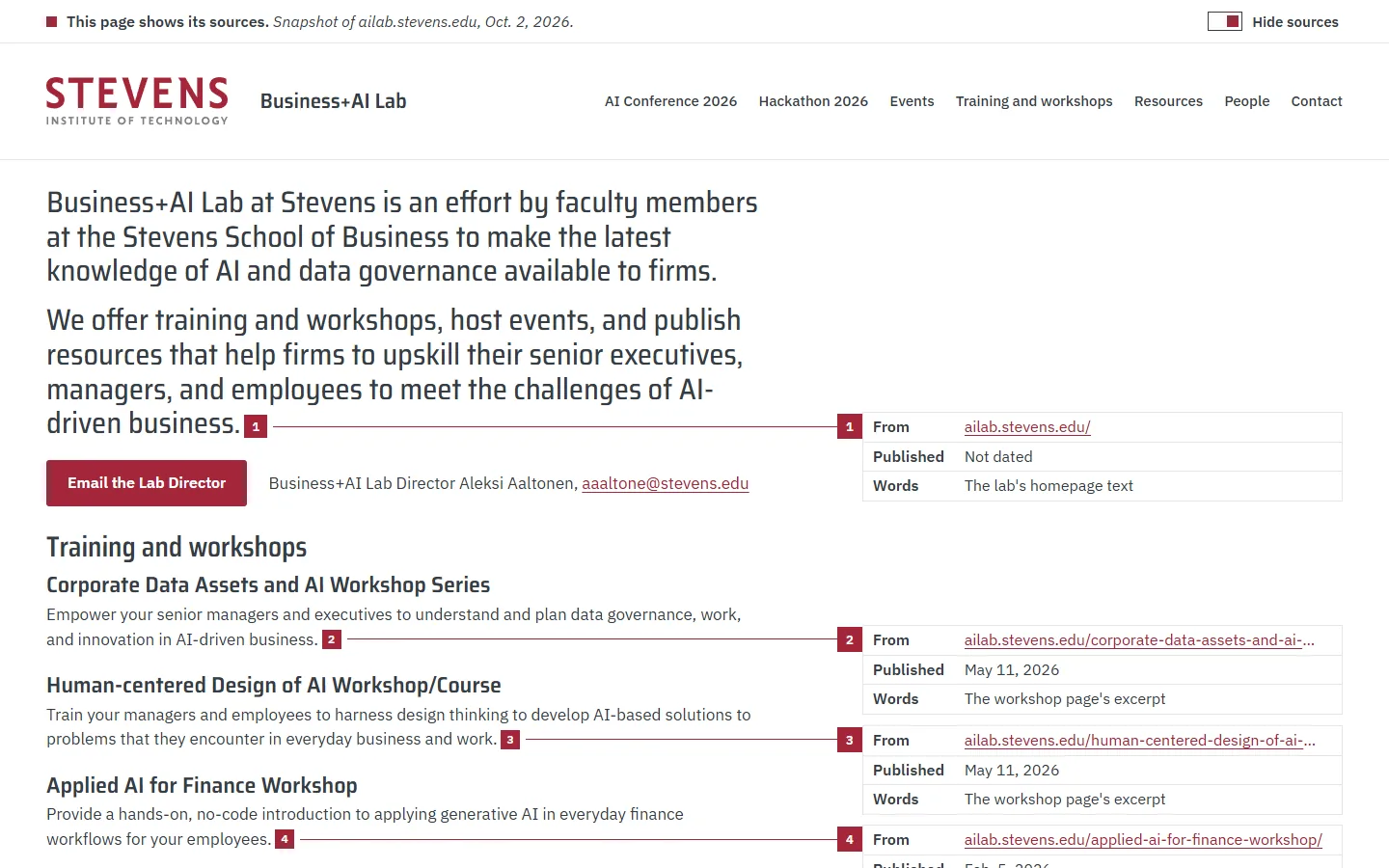 Sample W on a laptop, moment 4: four source cards in the margin, each with From, Published and Words rows