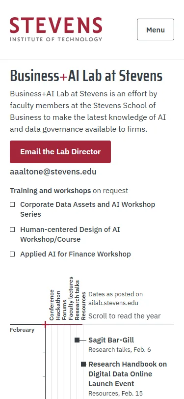 Sample X, first screen on a phone: the name with its red plus, the mission, the email button and address, the three workshops on request, and the top of the year with its reading line