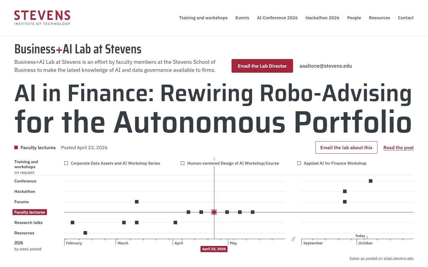Sample X on a laptop, interaction: the cross locked on the AI in Finance lecture, its title set full width with its posted date