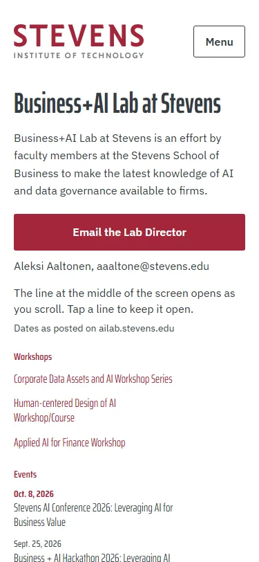 Sample Z, first screen on a phone: the name, the mission, the Email the Lab Director button, the scroll hint and the start of the list with the workshops in red